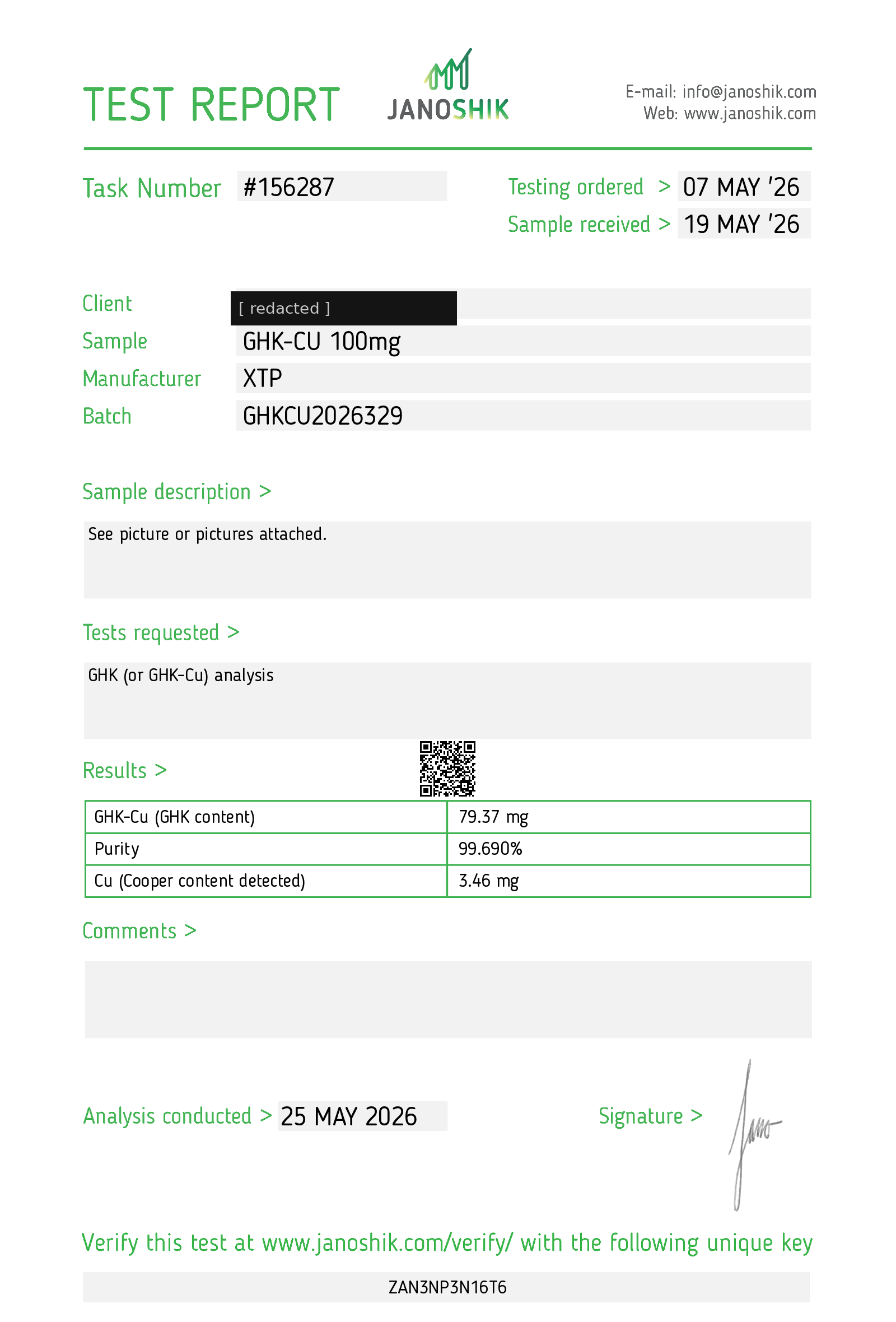 Janoshik test report #156287 for XTP GHK-Cu labeled 100mg: GHK content 79.37mg, purity 99.690%