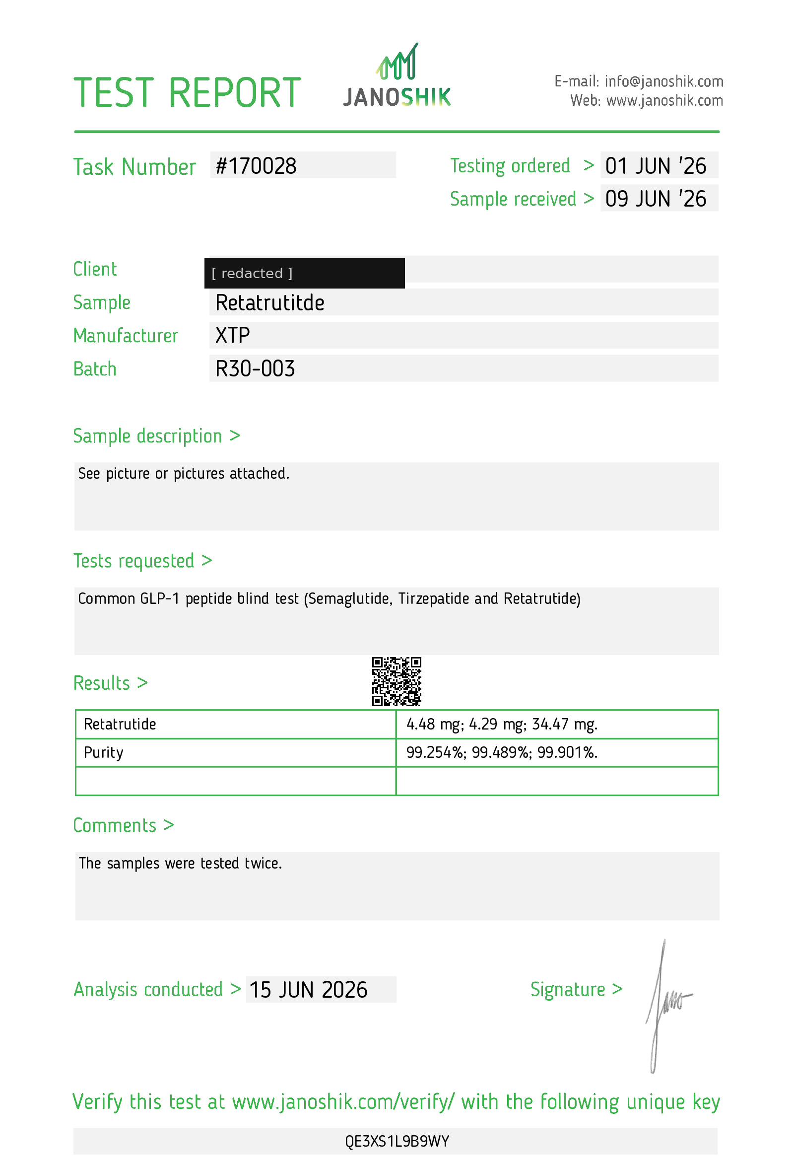 Janoshik test report #170028 for XTP R30 retatrutide, batch R30-003: quantity 4.48mg, 4.29mg, 34.47mg; purity 99.254%, 99.489%, 99.901%